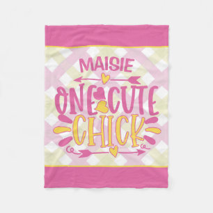 Personalised ADD NAME One Cute Chick Pink Yellow Fleece Blanket