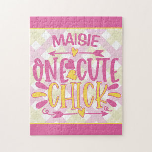 Personalised ADD NAME One Cute Chick Pink Yellow Jigsaw Puzzle
