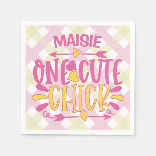 Personalised ADD NAME One Cute Chick Pink Yellow Napkin (Front)