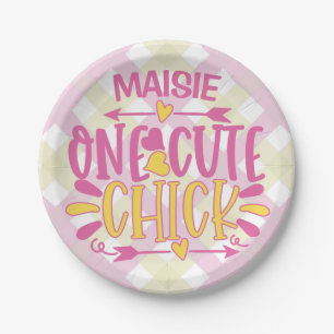 Personalised ADD NAME One Cute Chick Pink Yellow Paper Plate