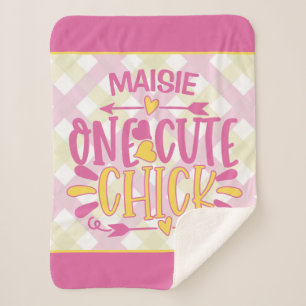 Personalised ADD NAME One Cute Chick Pink Yellow Sherpa Blanket