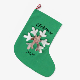 Personalised Add Photo Snowflake on Green Large Christmas Stocking