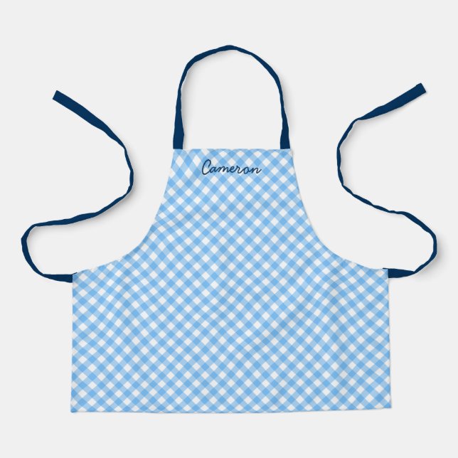 Personalised Add Your Name Baby Blue Gingham Kids Apron (Front)