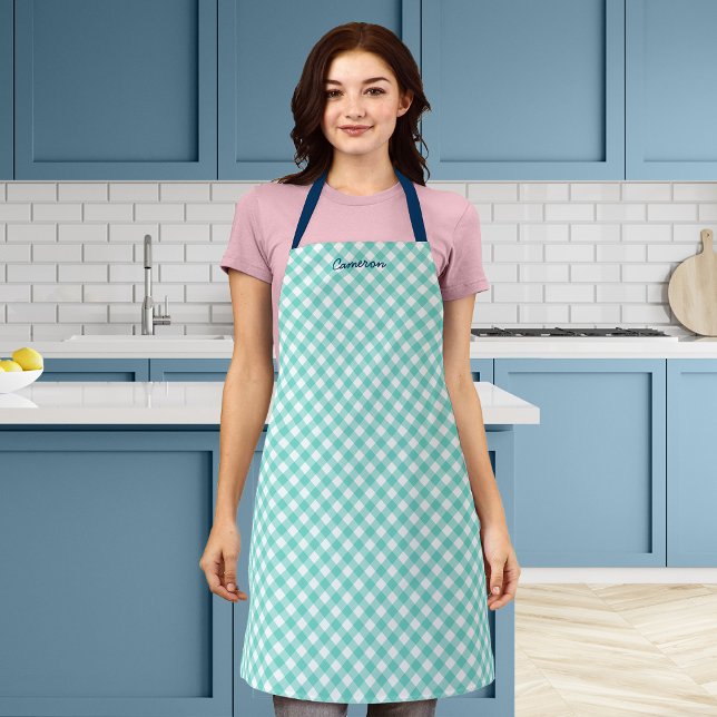 Personalised Add Your Name Mint Turquoise Gingham Apron (Creator Uploaded)