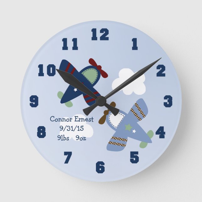 Personalised Adorable Aeroplanes Nursery Clock (Front)