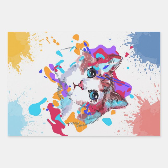 Personalised Adorable Cat | Colourful Cat Gifts Wrapping Paper Sheet (Front)