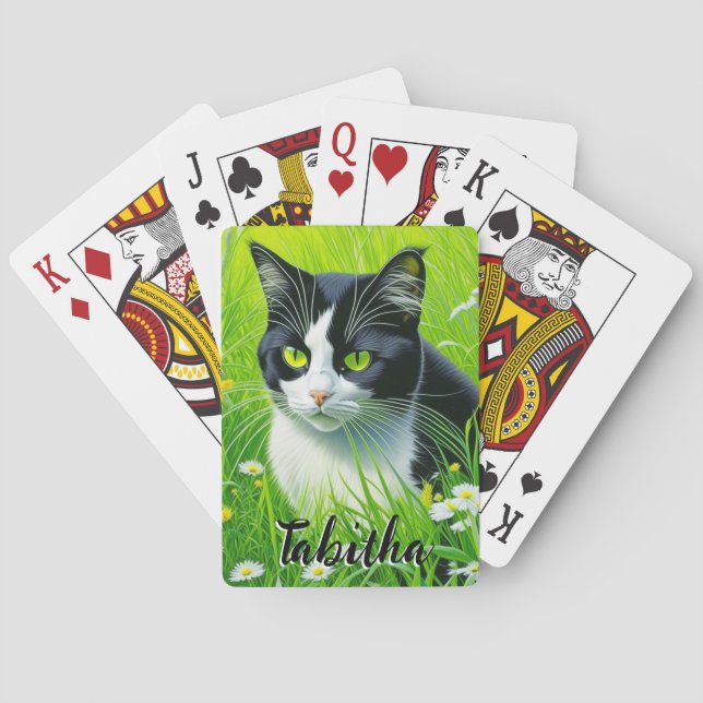 Personalised Adorable Cat in a field of Daisies  Playing Cards (Back)