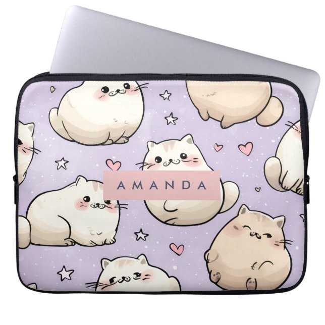 Personalised Adorable Chubby Cat Pattern Laptop Sleeve (Front)