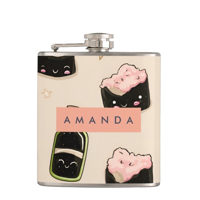 Personalised Adorable Sushi and Soy Sauce Pattern Hip Flask (Front)