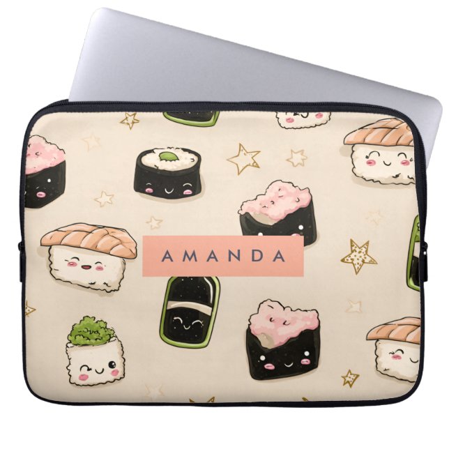 Personalised Adorable Sushi and Soy Sauce Pattern Laptop Sleeve (Front)