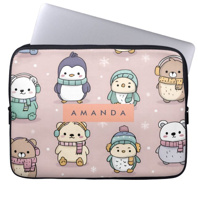 Personalised Adorable Winter Penguin Pattern Laptop Sleeve (Front)