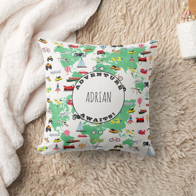 Personalised Adventure Awaits World Map Vehicles Cushion (Blanket)