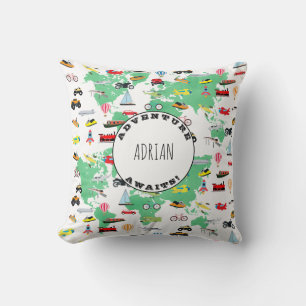 Personalised Adventure Awaits World Map Vehicles Cushion