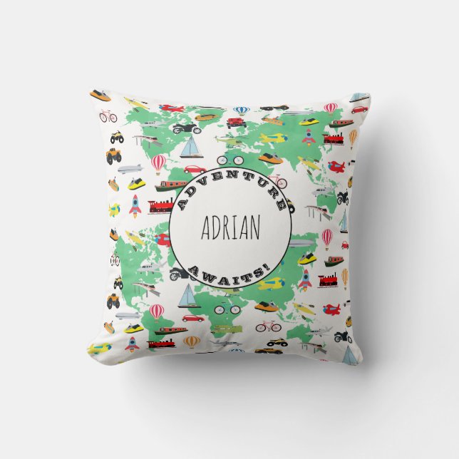 Personalised Adventure Awaits World Map Vehicles Cushion (Front)