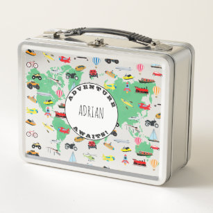 Personalised Adventure Awaits World Map Vehicles Metal Lunch Box