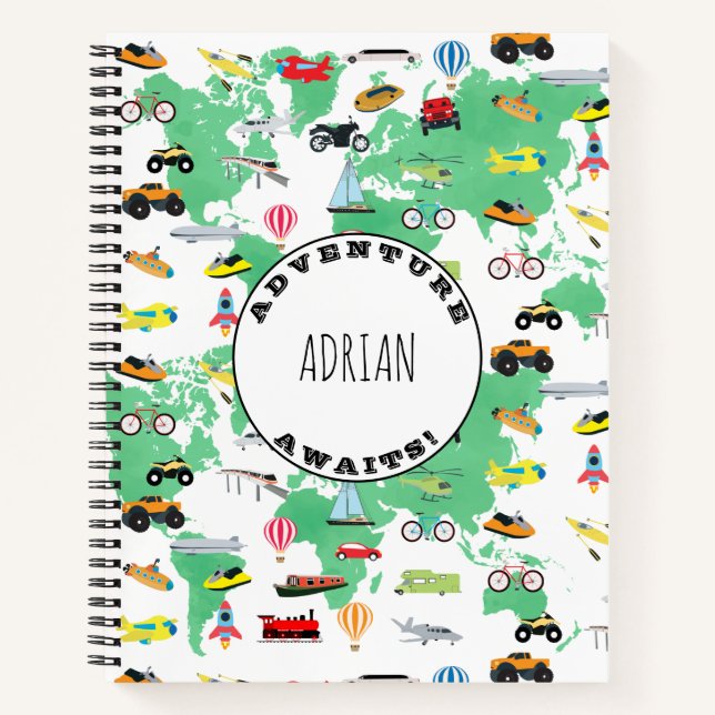Personalised Adventure Awaits World Map Vehicles Notebook (Front)