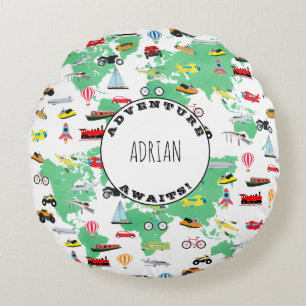 Personalised Adventure Awaits World Map Vehicles Round Cushion