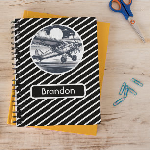 Personalised Aeroplane, Black and White Striped Notebook