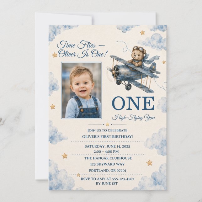 Personalised Aeroplane First Birthday Invitation | (Front)