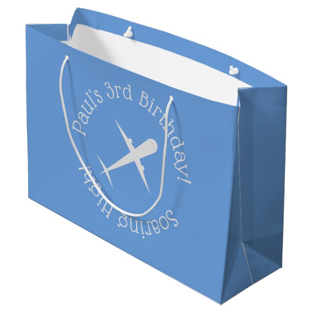 Personalised Aeroplane on Blue, Soaring High Large Gift Bag (Back Angled)