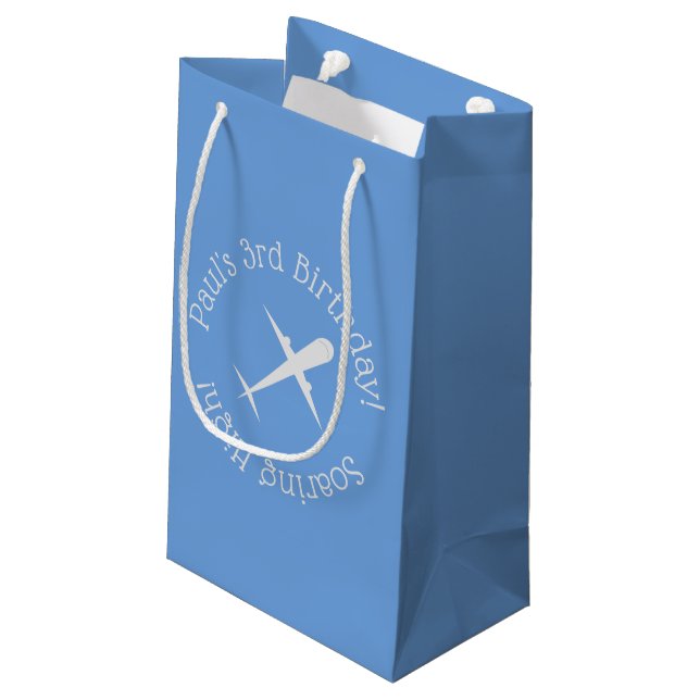 Personalised Aeroplane on Blue, Soaring High Small Gift Bag (Back Angled)