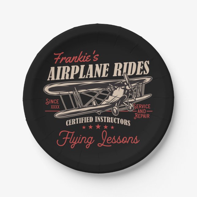 Personalised Aeroplane Rides Retro Flying Lessons  Paper Plate (Front)