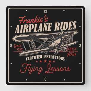 Personalised Aeroplane Rides Retro Flying Lessons  Square Wall Clock