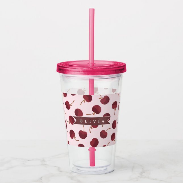 Personalised Aesthetic Cherry Pattern Name Gift Acrylic Tumbler (Front)