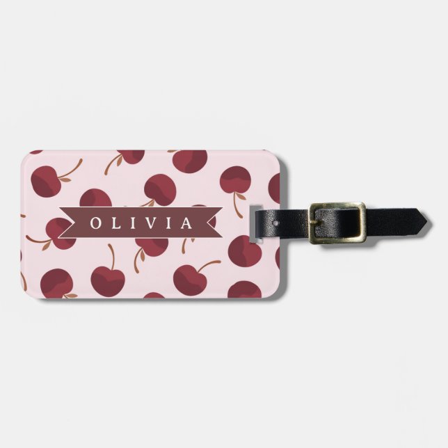 Personalised Aesthetic Cherry Pattern Name Gift Luggage Tag (Front Horizontal)