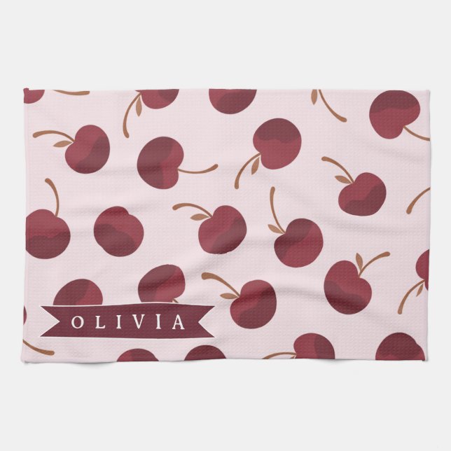 Personalised Aesthetic Cherry Pattern Name Gift Tea Towel (Horizontal)