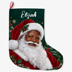 Personalised African American Black Santa Portrait Large Christmas Stocking