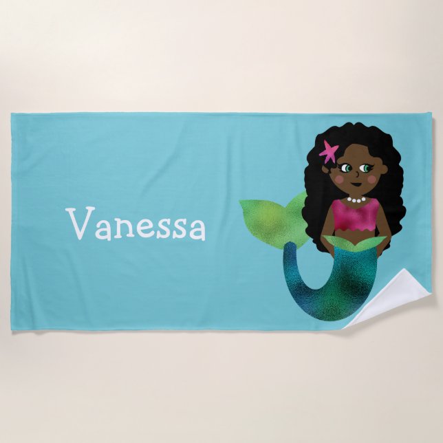 Personalised African American Faux Foil Mermaid Beach Towel (Front)