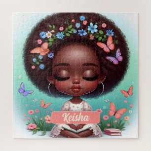 Personalised African American Girl with florals Jigsaw Puzzle