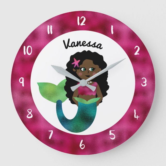 Personalised African American Mermaid Faux Foil Large Clock (Front)