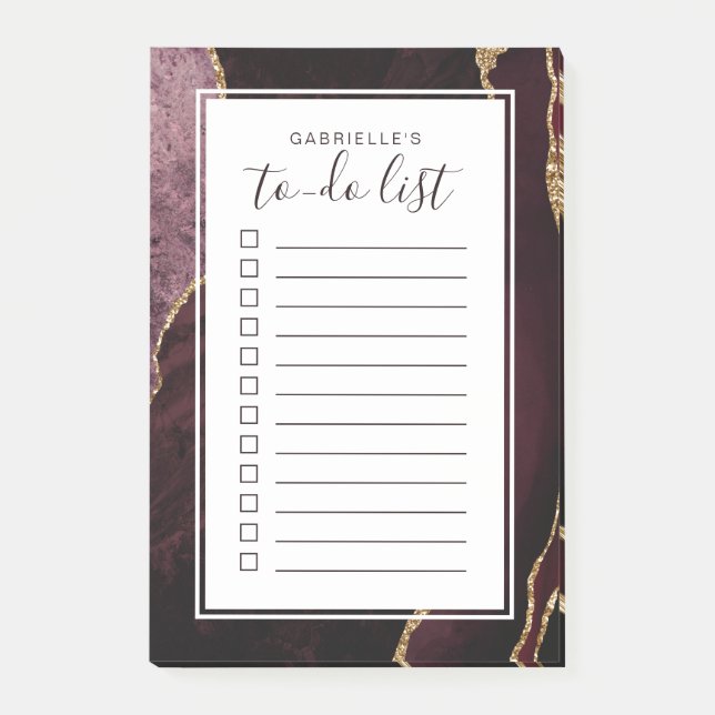 Personalised Agate Geode Burgundy Gold To Do List Post-it Notes (Front)