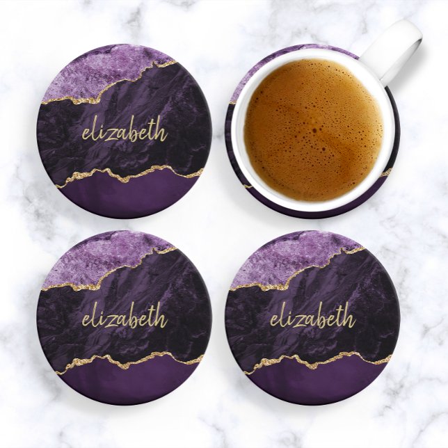 Personalised Agate Geode Purple Gold Sandstone Coaster (Creator Uploaded)