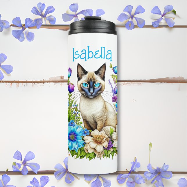 Personalised Ai Watercolor Siamese Cat in Flowers Thermal Tumbler (Creator Uploaded)