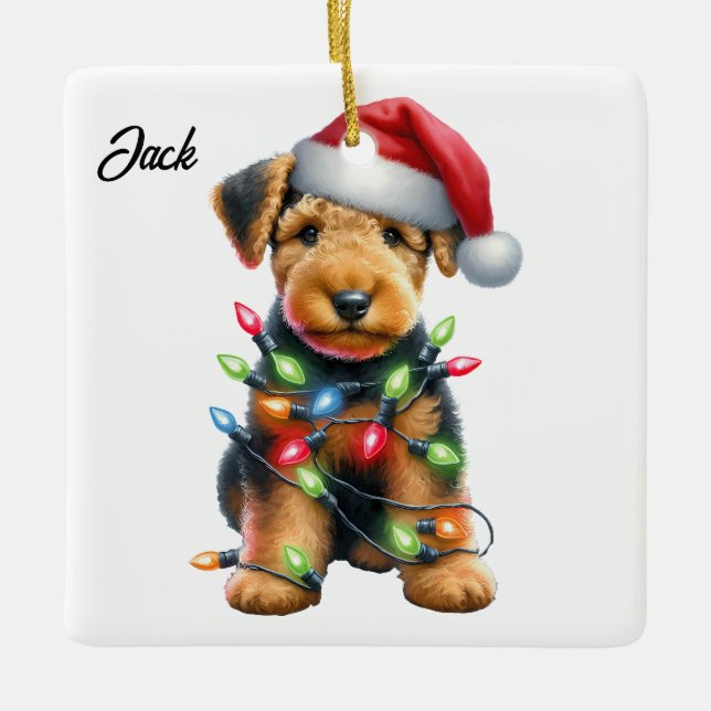 Personalised Airedale Terrier Santa Christmas Ceramic Ornament (Front)