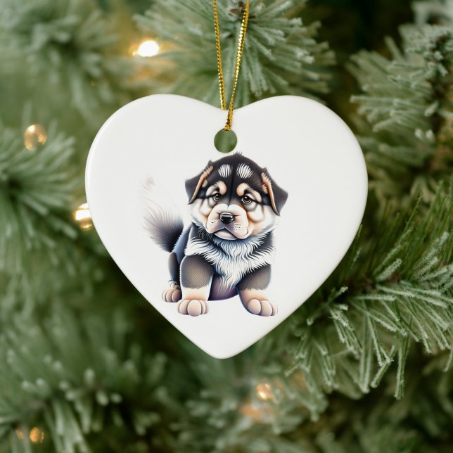 Personalised Alaskan Malamute Puppy Dog Heart Ceramic Ornament (Tree)