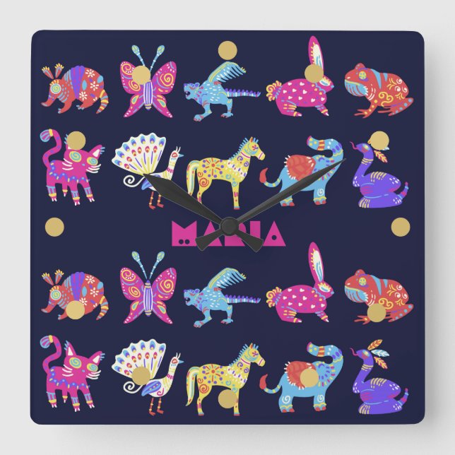Personalised Alebrije Mexican Animals Folk Art Square Wall Clock (Front)