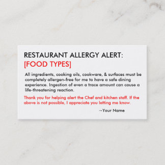 Personalised Allergy Restaurant & ICE Card