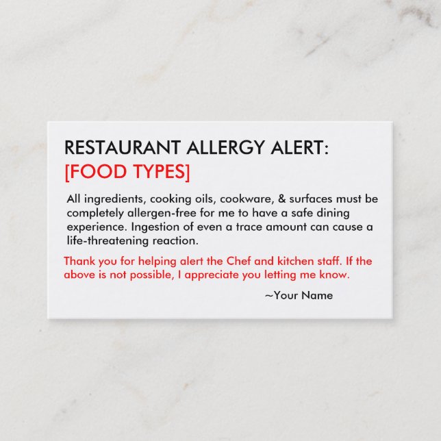 Personalised Allergy Restaurant & ICE Card (Front)
