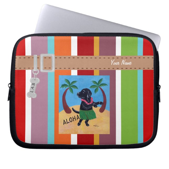 Personalised Aloha Black Labrador Stripe Laptop Sleeve (Front)