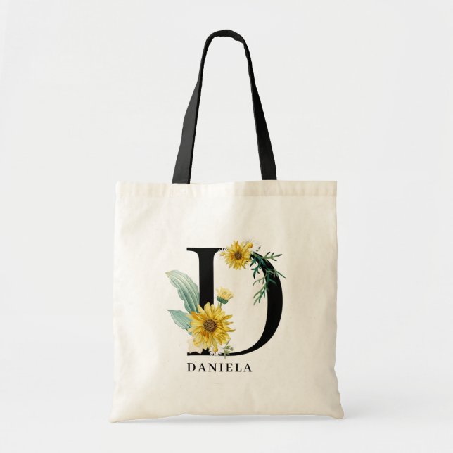 Personalised Alphabet D Floral Monogram Tote Bag (Front)