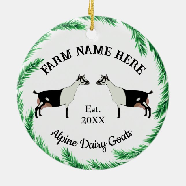 Personalised Alpine Dairy Goat Pine Wreath Ceramic Ornament (Back)