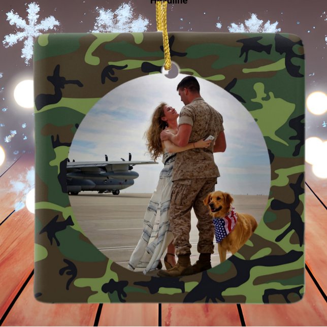 Personalised Always My Hero Army Camouflage Photo Ceramic Ornament (Creator Uploaded)