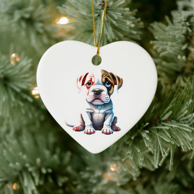 Personalised American Bulldog Puppy Dog Heart Ceramic Ornament (Tree)