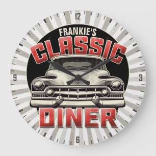 Personalised American Classic Car Retro Diner Cafe Large Clock