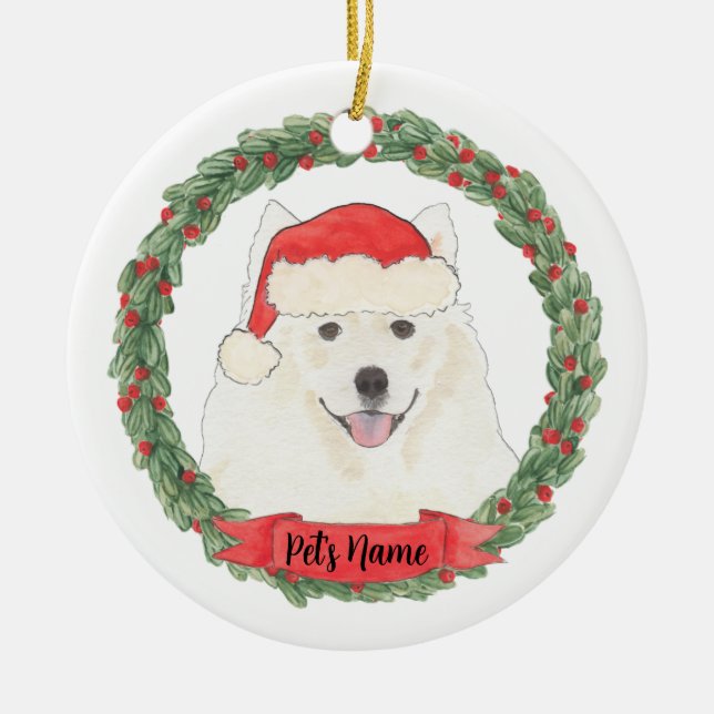Personalised American Eskimo Dog Samoyed Christmas Ceramic Ornament (Front)