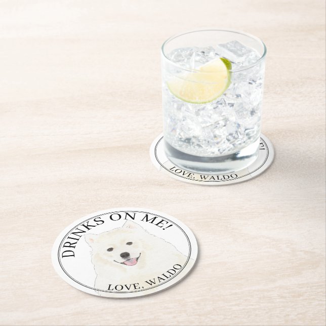 Personalised American Eskimo Samoyed Dog Wedding Round Paper Coaster (Insitu)